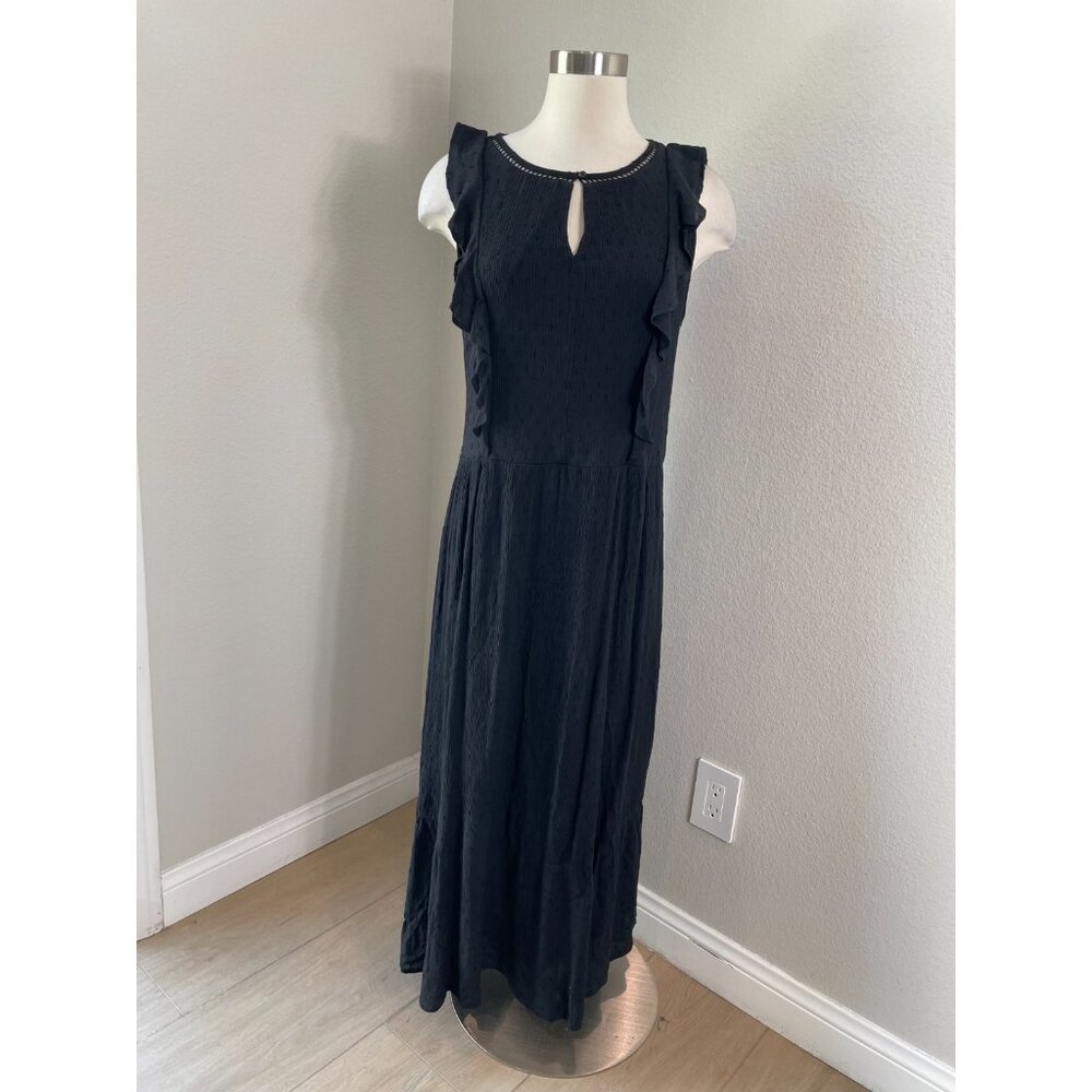 NEW Old Navy Dress Womens Large Tall Black Clip Dot Midi Ruffle Sleeve Keyhole